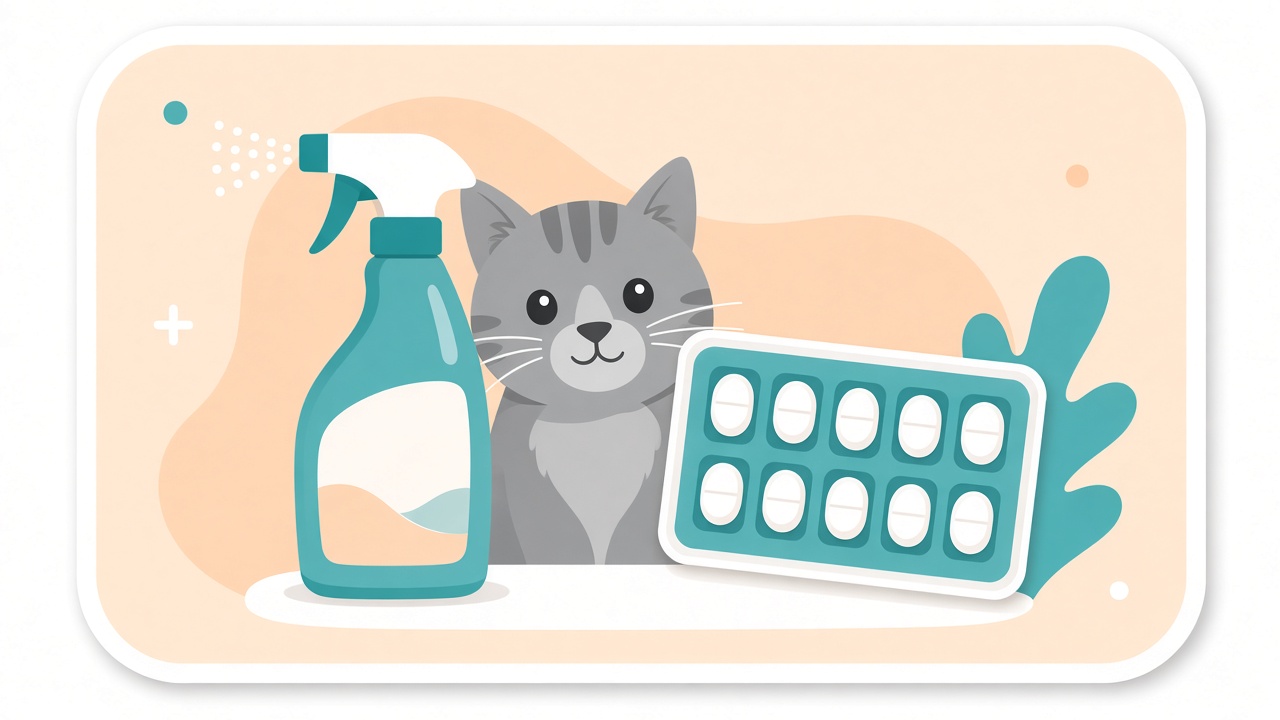 Illustration einer Katze in einer Küche mit Haushaltsmitteln