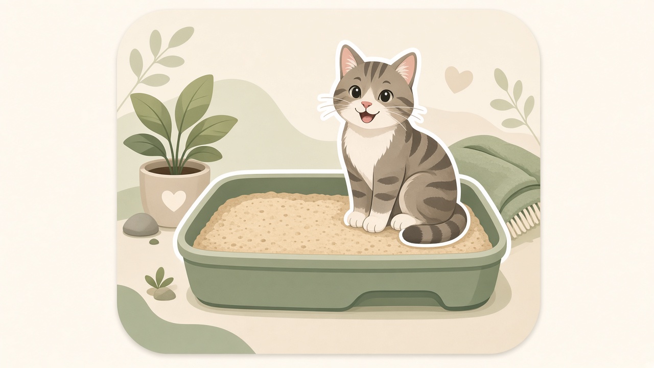 Illustration einer Katze neben einem Katzenklo mit Streu